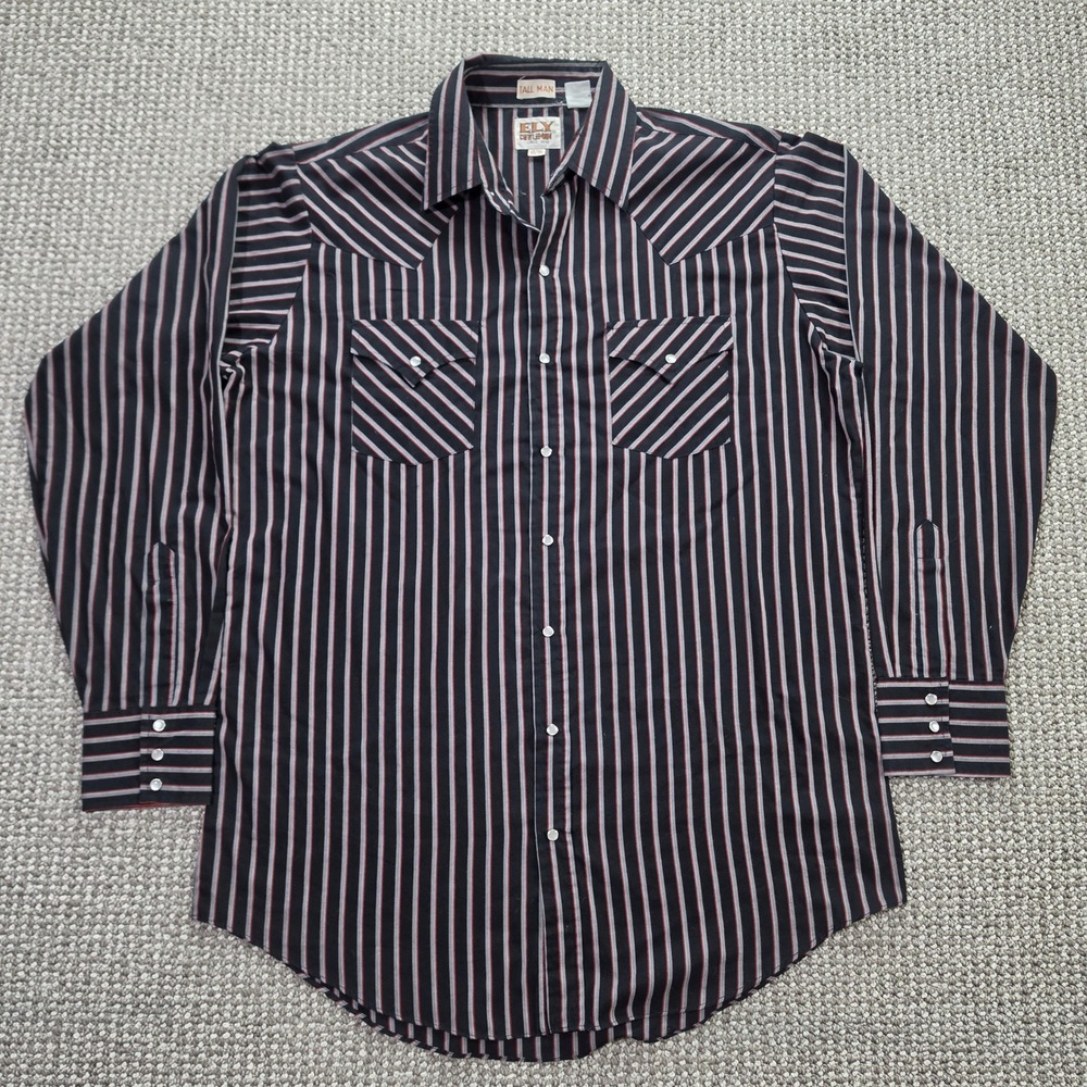 Ely Cattleman Western Pearl Snap Shirt Mens Large Tall Striped Black Red Cowboy